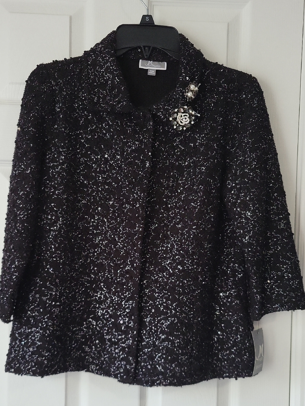 Ming Wang Black Sparkle Tweed Jacket with Decorative Brooch